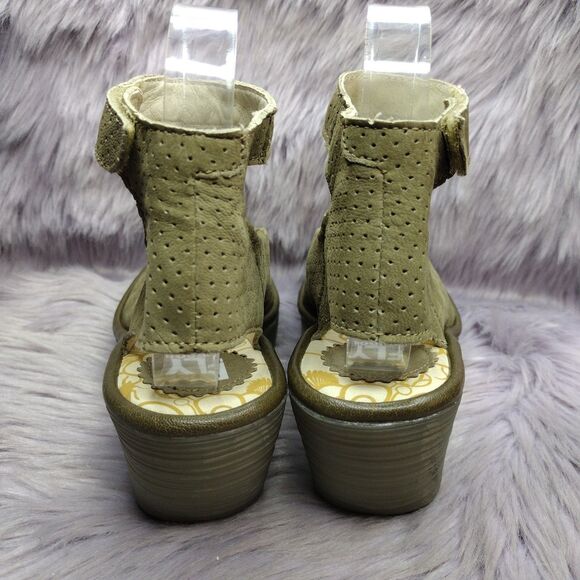 Fly London Leather Yala Wedge Peep Toe Perforated Sandals EU 37 US 6/6.5 Green - Picture 5 of 10